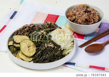 Boreum Namul and Ogok Bap of Korea, variety of edible grass and five grain bean rice 76397483