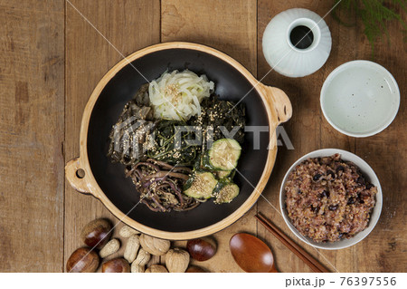 Boreum Namul and Ogok Bap of Korea, variety of edible grass and five grain bean rice 76397556