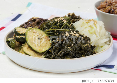 Boreum Namul and Ogok Bap of Korea, variety of edible grass and five grain bean rice Boreum Namul and Ogok Bap of Korea, variety of edible grass and five grain bean rice 76397634