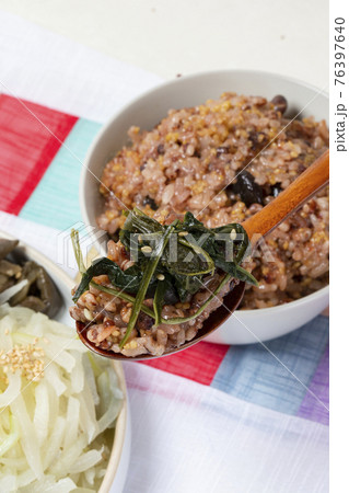 Boreum Namul and Ogok Bap of Korea, variety of edible grass and five grain bean rice 76397640