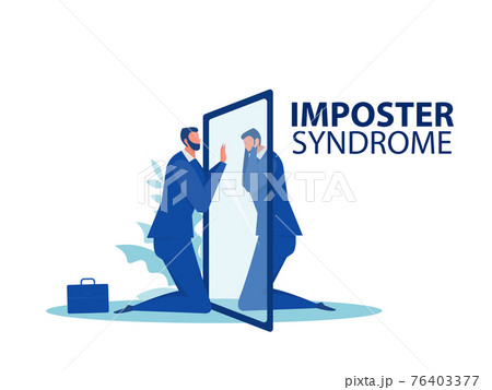 Imposter syndrome.businessman looking a mirror with fear shadow behind,Mental Health Problems, Anxiety and lack of self confidence at work Vector Illustration 76403377