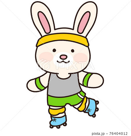 ローラースケートを楽しむ可愛くてシンプルな白ウサギのイラスト　主線あり 76404012