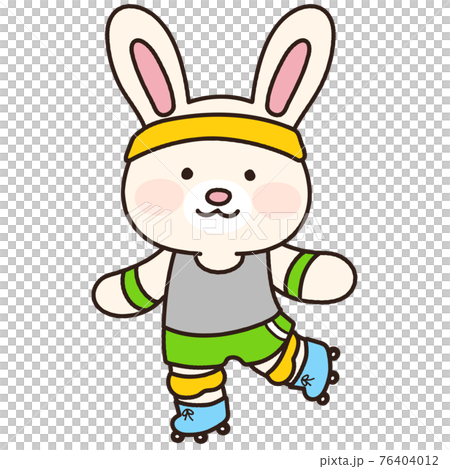 ローラースケートを楽しむ可愛くてシンプルな白ウサギのイラスト　主線あり 76404012