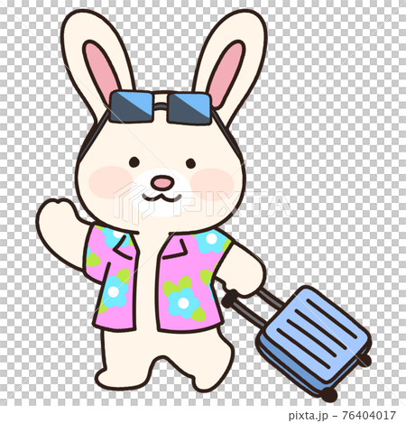 スーツケースを引く可愛くてシンプルな白ウサギのイラスト　主線あり 76404017