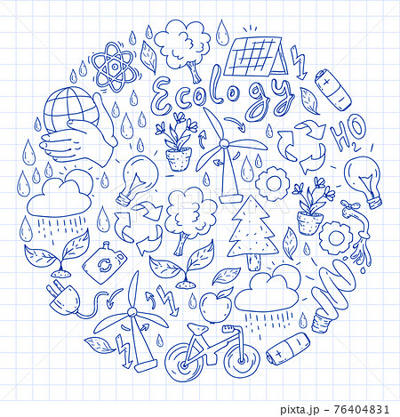 Vector logo, design and badge in trendy drawing style - zero waste concept, recycle and reuse, reduce - ecological lifestyle and sustainable developments icons. pen drawing on checkered paper. Vector logo, design and badge in trendy drawing style - zero waste concept, recycle and reuse, reduce - ecological lifestyle and sustainable developments icons. pen drawing on checkered paper. 76404831