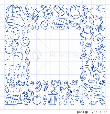 Vector logo, design and badge in trendy drawing style - zero waste concept, recycle and reuse, reduce - ecological lifestyle and sustainable developments icons. pen drawing on checkered paper. Vector logo, design and badge in trendy drawing style - zero waste concept, recycle and reuse, reduce - ecological lifestyle and sustainable developments icons. pen drawing on checkered paper. 76404832