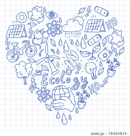 Vector logo, design and badge in trendy drawing style - zero waste concept, recycle and reuse, reduce - ecological lifestyle and sustainable developments icons. pen drawing on checkered paper. Vector logo, design and badge in trendy drawing style - zero waste concept, recycle and reuse, reduce - ecological lifestyle and sustainable developments icons. pen drawing on checkered paper. 76404834