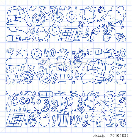 Vector logo, design and badge in trendy drawing style - zero waste concept, recycle and reuse, reduce - ecological lifestyle and sustainable developments icons. pen drawing on checkered paper. 76404835