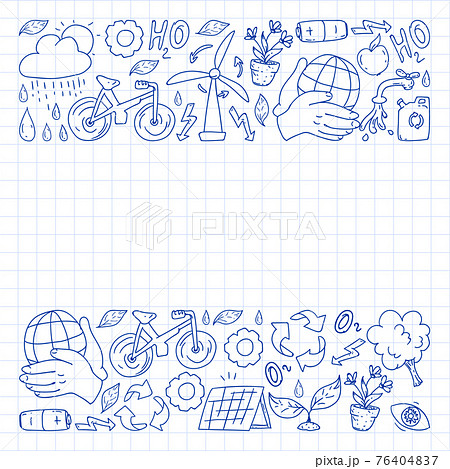 Vector logo, design and badge in trendy drawing style - zero waste concept, recycle and reuse, reduce - ecological lifestyle and sustainable developments icons. pen drawing on checkered paper. Vector logo, design and badge in trendy drawing style - zero waste concept, recycle and reuse, reduce - ecological lifestyle and sustainable developments icons. pen drawing on checkered paper. 76404837