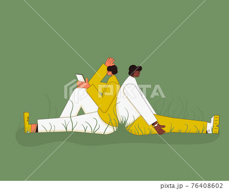 Bad relationship. Psychological issues. Young people with bad mood sitting back to back. Pair in a fight. Couple of young persons after quarrel or conflict. 76408602