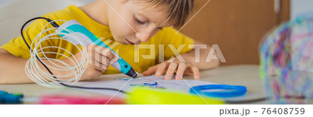 Kid using 3d printing drawing pen. Creative, leisure, technology education concept BANNER, LONG FORMAT Kid using 3d printing drawing pen. Creative, leisure, technology education concept BANNER, LONG FORMAT 76408759