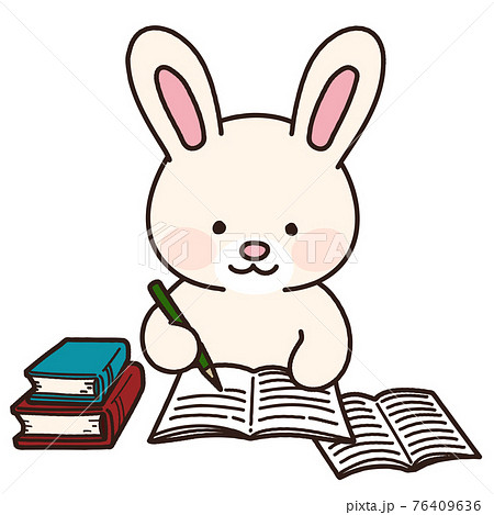 本を開いて勉強する可愛くてシンプルな白ウサギのイラスト 主線あり 本を開いて勉強する可愛くてシンプルな白ウサギのイラスト 主線あり 76409636