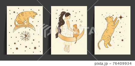 Celestial woman and cat card. Celestial woman and cat card. 76409934