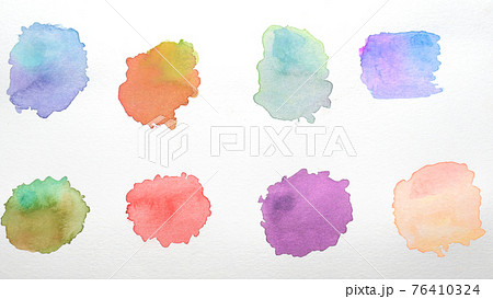 set of abstract splashes paint brush of colorful multicolored watercolor on white paper background set of abstract splashes paint brush of colorful multicolored watercolor on white paper background 76410324