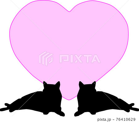 横になる2匹の猫と可愛いハートのイラスト素材