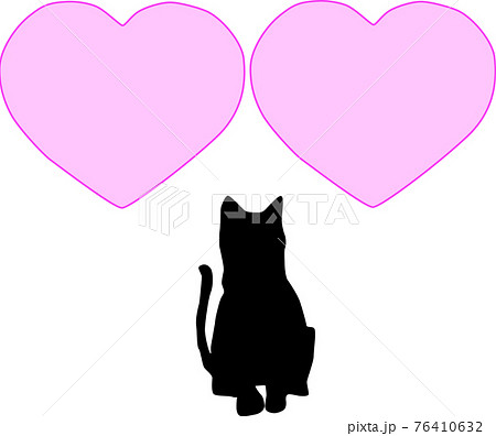 座る猫と2つの可愛いハート シルエット のイラスト素材