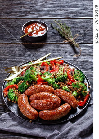 Italian cotechino sausages with lentils, top view 76410879