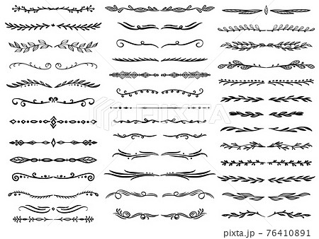 Floral and Calligraphic Ornament Elements. Hand drawn decoration, floral ornamental divider, arrows and sketch leaves ornaments. Doodle leaves and flourish divider set. Vector Illustration. 76410891