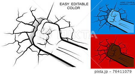 athlete powerful hand clenched into fist hit and shattered the wall. Cracks and fractures on wall from strong hand blow. Vector athlete powerful hand clenched into fist hit and shattered the wall. Cracks and fractures on wall from strong hand blow. Vector 76411079
