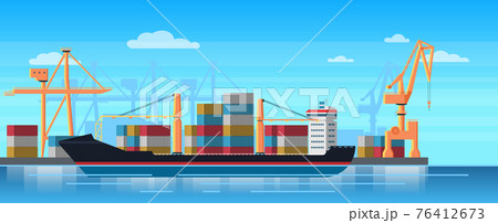 Logistics truck and transportation container ship. Cargo harbor port with industrial cranes. Shipping yard vector illustration. 76412673