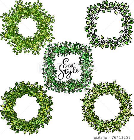 Set of green ecology leaves frames. Eco style templates. Vector illustration. 76413255