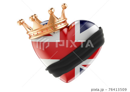 Mourning in the United Kingdom concept. British heart with black ribbon and golden crown. 3D rendering Mourning in the United Kingdom concept. British heart with black ribbon and golden crown. 3D rendering 76413509