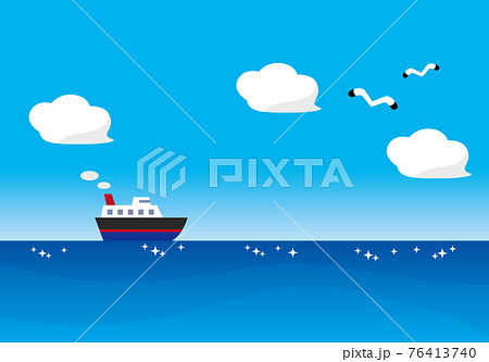 青い海を横切る船と青空を飛カモメのイラスト素材