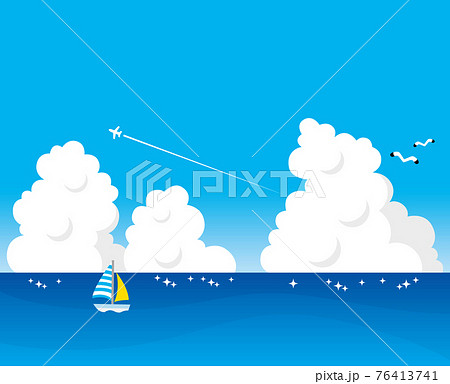 入道雲と飛行機雲 カモメ ヨットの夏の海のイラスト素材