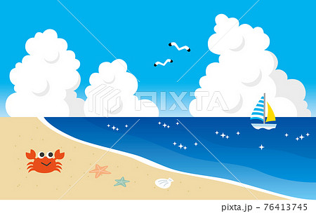 砂浜にカニ 夏らしい入道雲とカモメ ヨット 斜めから見た海のイラスト素材