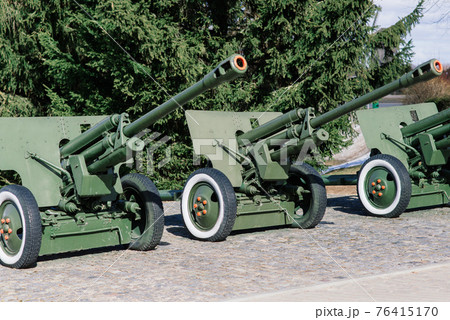 View of the russian cannons and howitzers in a park. Military museum outdoors 76415170
