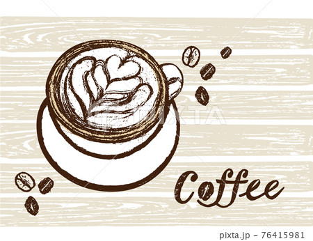 コーヒーのイラスト。テーブルの上にリーフが描かれたカプチーノのイラスト。 76415981