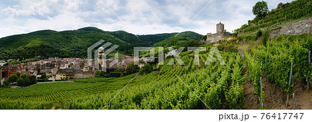 Vineyards and panoramic view of Keysersberg, winemaking village in Alsace (france) 76417747