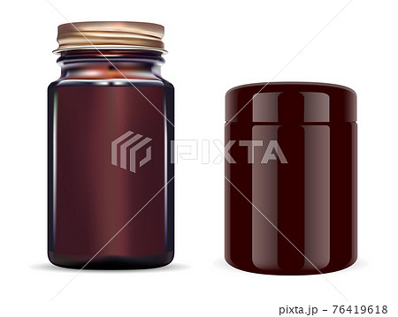 Amber glass bottle. Brown cosmetic jar, pill, oil 76419618