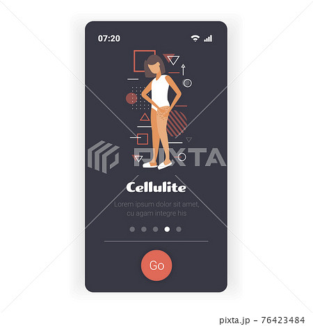 woman testing skin presence of stretch marks checking cellulite on her buttock girl clamping fat fold on hip diet weight loss concept smartphone screen mobile app copy space full length 76423484