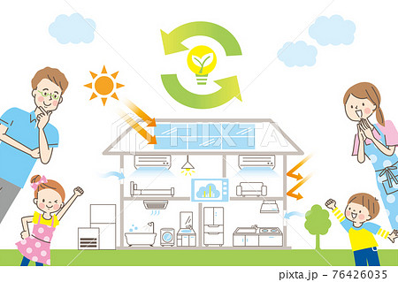 エコ住宅のイメージと笑顔の家族 エコ住宅のイメージと笑顔の家族 76426035