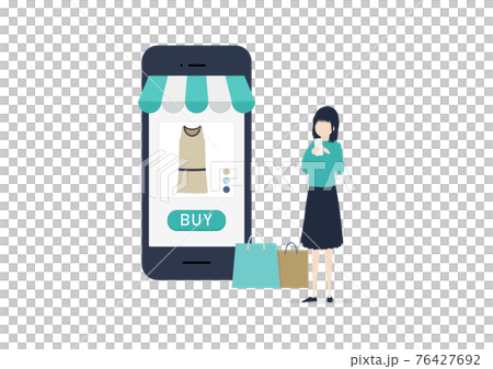ネットショッピングを楽しむ若い日本人女性のイラスト素材 76427692