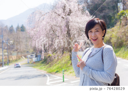 ソメイヨシノ桜を楽しむミドルシニア女性  埼玉県秩父にて 76428029