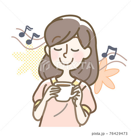 音楽を聴きながら飲み物を飲んでリラックスする女性のイラスト素材