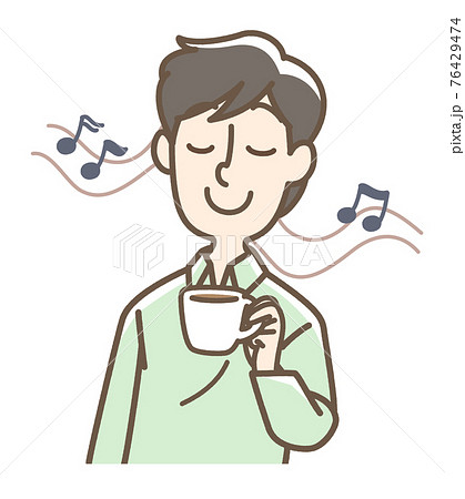 音楽を聴きながら飲み物を飲んでリラックスする男性のイラスト素材