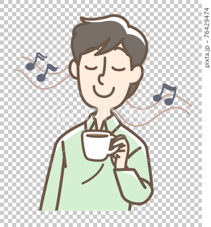 音楽を聴きながら飲み物を飲んでリラックスする男性 76429474