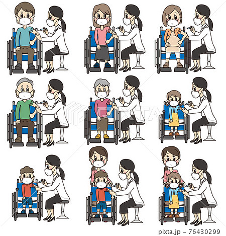 病院で女性の先生のワクチン 予防接種 を受ける車椅子に乗ったマスクをした人のイラストセットのイラスト素材