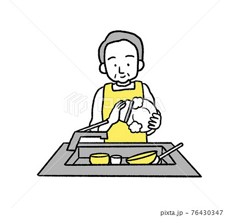 流し台で洗い物をするシニア男性のイラストのイラスト素材