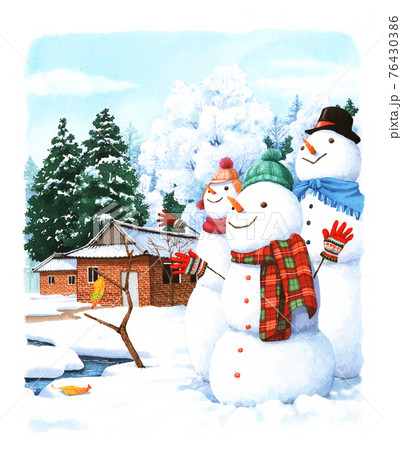 水彩画 雪だるま 冬のイラスト素材