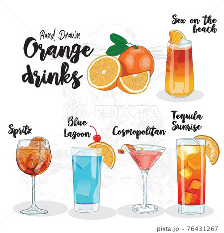 Hand Drawn Colorful Orange Drinks Set Sex on the beach Spritz Blue Lagoon Cosmopolitan Tequila Sunrise Hand Drawn Colorful Orange Drinks Set Sex on the beach Spritz Blue Lagoon Cosmopolitan Tequila Sunrise 76431267