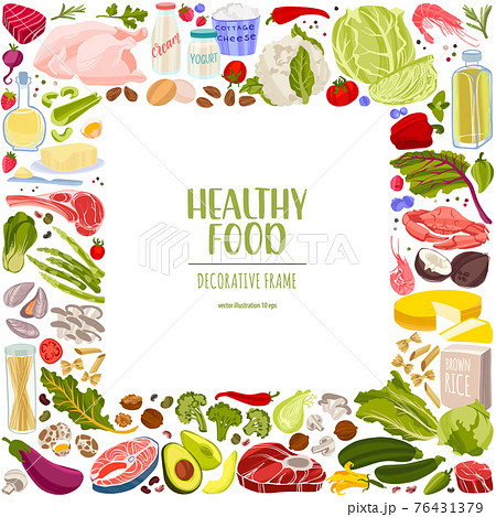 Fresh organic food. Vegetables, meat, dairy, seafood and fish, eggs, oil. 76431379