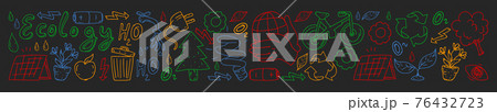 Vector pattern on blackboard drawn in chalk, long baner, design and badge in trendy drawing style - zero waste concept, recycle and reuse, reduce - ecological lifestyle and sustainable developments 76432723