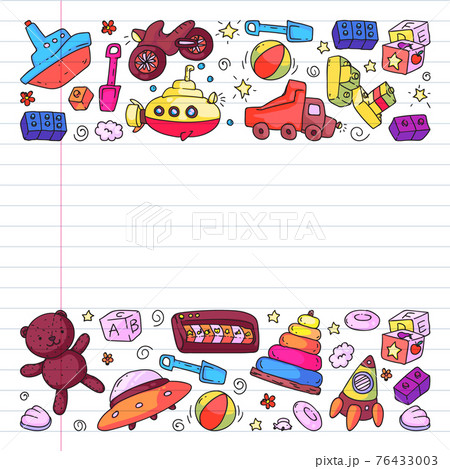 Vector pattern with kindergarten, toy children. Happy children illustration. Drawing on exercise notebook. Vector pattern with kindergarten, toy children. Happy children illustration. Drawing on exercise notebook. 76433003