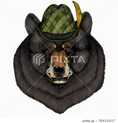 Bear wild animal face. Grizzly cute brown bear head portrait. Animal with tirol hat. Traditional headdress. Bear wild animal face. Grizzly cute brown bear head portrait. Animal with tirol hat. Traditional headdress. 76433417