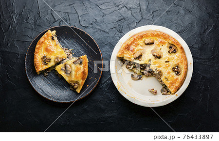 Meat pie with champignon,top view 76433897