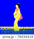 菜の花を散歩する町娘の浮世絵風イラスト ukiye city girl with flowers　 76434418